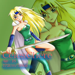 Rule 34 | 1990s (style), 1girl, blonde hair, cape, celes chere, final fantasy, final fantasy vi, headband, leotard, long hair, lowres, shoulder pads, solo, sword, weapon, zoom layer