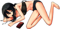 Rule 34 | 1girl, bad id, bad pixiv id, bandeau, barefoot, black hair, feet, handheld game console, itsutsu, lying, nintendo ds, on side, one eye closed, open mouth, original, short shorts, shorts, solo, strapless, tube top, wink, yawning
