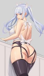 Rule 34 | 1girl, apron, ass, blue eyes, blue hair, blunt bangs, blush, bow, breasts, butt crack, cowboy shot, dhrmawk159, from side, garter belt, garter straps, grey background, hair bow, highres, large breasts, last origin, lips, long hair, open mouth, partially colored, skindentation, solo, sowan (last origin), teeth, thighhighs, upper teeth only