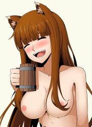 Rule 34 | 1girl, :d, ^ ^, absurdres, alternate breast size, animal ear fluff, animal ears, arm at side, blunt bangs, blush, breasts, brown hair, cleavage, closed eyes, collarbone, commentary, completely nude, cup, drunk, english commentary, eremiya (loleremiya), facing viewer, fangs, hair over breasts, hand up, happy, highres, holding, holding cup, holo, large breasts, long hair, midriff, nipples, nose, nose blush, nude, open mouth, sidelocks, simple background, smile, solo, spice and wolf, straight hair, teeth, upper body, very long hair, white background, wolf ears, wolf girl, wooden cup