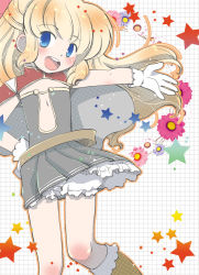 Rule 34 | 1girl, blonde hair, blue eyes, blush, boots, brown dress, brown footwear, cape, commentary request, creator (ragnarok online), dress, feet out of frame, flat chest, frilled dress, frills, fur-trimmed footwear, fur trim, gloves, grey cape, grid background, long hair, looking at viewer, okosama lunch (sendan), open mouth, ragnarok online, red cape, short dress, smile, solo, star (symbol), strapless, strapless dress, two-sided cape, two-sided fabric, white gloves