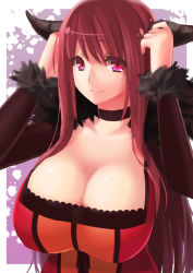 Rule 34 | 10s, 1girl, bad id, bad pixiv id, breasts, choker, cleavage, coat, fur trim, horns, hsuliherng, large breasts, long hair, maou (maoyuu), maoyuu maou yuusha, open clothes, open coat, pink eyes, red hair, scoat, smile, solo