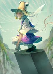 Rule 34 | 1girl, absurdres, black footwear, blonde hair, brown headwear, closed mouth, commentary request, from side, full body, highres, korukua, looking at viewer, moriya suwako, outdoors, purple skirt, ribbon-trimmed sleeves, ribbon trim, short hair, sidelocks, skirt, solo, squatting, thighhighs, touhou, white thighhighs, wide sleeves, yellow eyes