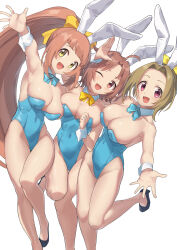 Rule 34 | 3girls, :d, ;d, absurdres, animal ears, armpits, arukiru, bare legs, bare shoulders, blue leotard, bow, breasts, brown hair, cleavage, detached collar, fake animal ears, hair bow, highleg, highleg leotard, highres, idolmaster, idolmaster cinderella girls, large breasts, leotard, long hair, manabe itsuki, multiple girls, one eye closed, open mouth, playboy bunny, rabbit ears, red eyes, red hair, saito yoko, short hair, simple background, smile, thighs, wakabayashi tomoka, white background, yellow bow