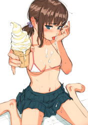 Rule 34 | 1girl, absurdres, bare legs, barefoot, bikini, bikini top only, blue eyes, breasts, brown hair, food on body, hair ornament, hairclip, highres, homunculus (alchemynote), ice cream cone, navel, original, pleated skirt, scan, short ponytail, sidelocks, simple background, sitting, sketch, skirt, small breasts, solo, swimsuit, tongue, tongue out, wariza, white background, white bikini
