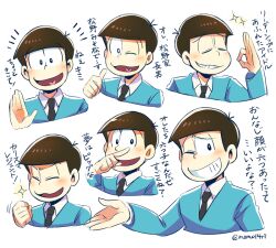 Rule 34 | 1boy, black hair, blue suit, blush, bowl cut, closed eyes, expressions, fist pump, formal, grin, heart, heart in mouth, looking at viewer, male focus, matsuno osomatsu, mone (14ri0000), money gesture, multiple views, one eye closed, osomatsu-san, osomatsu (series), outstretched hand, pointing, pointing at self, rubbing nose, smile, suit, translation request, twitter username, white background