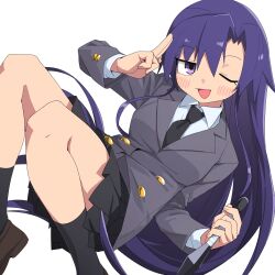 Rule 34 | 1girl, black necktie, black skirt, black socks, blue hair, blush, breasts, brown footwear, collared shirt, commentary, goshiki agiri, highres, holding, holding knife, kill me baby, knife, kunai, loafers, long hair, long sleeves, looking at viewer, medium breasts, necktie, one eye closed, pleated skirt, purple eyes, school uniform, shirt, shoes, simple background, skirt, smile, socks, solo, weapon, white background, white shirt, yachima tana