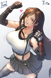 1girl artist_name black_skirt black_thighhighs breasts brown_hair character_name collarbone commentary_request final_fantasy final_fantasy_vii large_breasts long_hair looking_at_viewer midriff red_eyes skirt smile solo tagme thighhighs tifa_lockhart tomo_eokaiteru