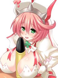 Rule 34 | 1girl, ahoge, arc system works, blue eyes, blush, breasts squeezed together, breasts, bridal veil, bullet, cleavage, clover, deep skin, dress, elphelt valentine, four-leaf clover, gloves, green eyes, guilty gear, guilty gear xrd, hat, heart, heart-shaped pupils, konno tohiro, large breasts, open mouth, paizuri, pink hair, ribbon, sexually suggestive, shell, short hair, smile, solo, spikes, symbol-shaped pupils, upper body, veil, wedding dress