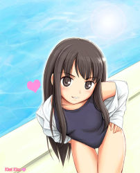 Rule 34 | 1girl, black eyes, black hair, black one-piece swimsuit, blush, from above, futami eriko, heart, kimi kiss, lens flare, long hair, looking at viewer, one-piece swimsuit, poolside, ryp, school swimsuit, solo, swimsuit, water