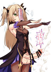 Rule 34 | 1girl, armpits, bar censor, blonde hair, bow, breasts, calpish, censored, cum, detached sleeves, dress, ejaculation, expressionless, fingerless gloves, fischl (genshin impact), fishnets, futanari, genshin impact, gloves, gold trim, green eyes, hair bow, handsfree ejaculation, jiangshi, large penis, leotard, outstretched arms, penis, single thighhigh, small breasts, solo, testicles, thighhighs, twintails