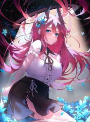 Rule 34 | black skirt, blue eyes, blue flower, blush, breasts, flower, frilled shirt, frills, highres, horns, large breasts, long hair, looking at viewer, looking away, original, red hair, ribbon, see-through, shirt, skirt, very long hair, w (w64851564), white shirt