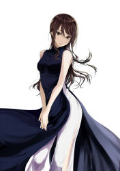 Rule 34 | 1girl, bare shoulders, breasts, brown eyes, brown hair, character request, chef no kimagure salad, china dress, chinese clothes, commentary request, cowboy shot, dress, long hair, looking at viewer, medium breasts, pelvic curtain, side slit, simple background, sleeveless, solo, standing, v arms, vietnamese dress, white background