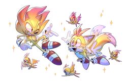 Rule 34 | 2boys, bird, fang, finger gun, flicky (character), flying, fox boy, furry, furry male, gloves, glowing, highres, multiple boys, one eye closed, open mouth, outstretched arms, red eyes, red footwear, simple background, smile, sonic (series), sonic the hedgehog, sparkle, starrjoy, super sonic, super tails, tails (sonic), white fur, yellow fur