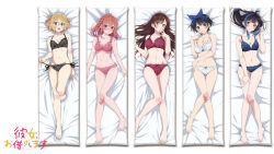 5girls black_hair blonde_hair blue_eyes blue_hair blush bra breasts brown_hair cleavage closed_mouth dakimakura_(medium) highres kanojo_okarishimasu large_breasts legs long_hair looking_at_viewer medium_breasts midriff mizuhara_chizuru multiple_girls nail_polish nanami_mami navel official_art open_mouth panties red_eyes red_hair sakurasawa_sumi sarashina_ruka short_hair small_breasts smile underwear yaemori_mini