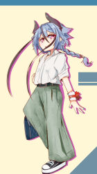 Rule 34 | 1girl, :o, alternate costume, androgynous, belt, black belt, black hair, blue hair, braid, brown background, collared shirt, colored shadow, colored tips, dress shirt, drop shadow, fashion, green pants, half-closed eyes, hand up, highres, hikimayu, horns, long hair, looking at viewer, meika mikoto, multicolored hair, pants, parted lips, popped collar, purple hair, raised eyebrows, shadow, shirt, shirt tucked in, shoes, single braid, sleeves rolled up, sneakers, solo, standing, standing on one leg, streaked hair, vocaloid, white shirt, wrist cuffs, yamainu luna
