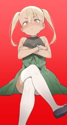 Rule 34 | 1girl, atage, bare shoulders, black footwear, blonde hair, blush, closed mouth, copyright request, crossed arms, green skirt, grey eyes, high-waist skirt, crossed legs, long hair, looking at viewer, red background, shoes, simple background, skirt, solo, twintails, white legwear