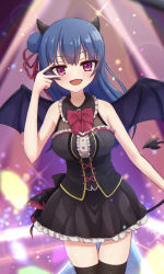 Rule 34 | 1girl, absurdres, artist name, artist request, bare shoulders, black dress, black legwear, black skirt, black wings, blue hair, blush, bow, bowtie, breasts, cross-laced clothes, cross-laced dress, demon girl, demon horns, demon tail, demon wings, dress, fake demon horns, female focus, frilled dress, frills, hair bun, hair ribbon, highres, horns, long hair, looking at viewer, love live!, love live! sunshine!!, medium breasts, parted lips, pink eyes, plaid, plaid dress, plaid skirt, pleated, pleated dress, pleated skirt, purple eyes, red bow, red ribbon, ribbon, side bun, single hair bun, skirt, smile, solo, stage, stage lights, tail, tsushima yoshiko, v, v over eye, wings