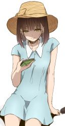 Rule 34 | 1girl, blue dress, brown hair, cellphone, character request, copyright request, dress, food, haine, hat, highres, looking at phone, phone, popsicle, short sleeves, simple background, sitting, smartphone, smile, solo, sun hat, white background, yellow eyes