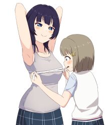 Rule 34 | 2girls, armpits, arms behind head, arms up, asaka karin, blue eyes, blue hair, blush, breasts, buson0120, bust measuring, closed mouth, crescent, crescent hair ornament, grey hair, hair ornament, height difference, highres, long hair, looking at another, looking at breasts, looking down, love live!, love live! nijigasaki high school idol club, measuring, medium breasts, mole, multiple girls, nakasu kasumi, nijigasaki academy school uniform, open mouth, pink eyes, school uniform, short hair, simple background, skirt, smile, standing, sweatdrop, white background
