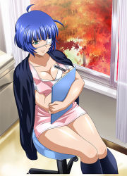 Rule 34 | 1girl, ahoge, artist request, autumn, blue hair, blue socks, breasts, cleavage, clipboard, collarbone, eyepatch, female focus, green eyes, holding, holding clipboard, holding pen, ikkitousen, indoors, kneehighs, large breasts, legs, open window, pen, ryomou shimei, short hair, sitting, smile, socks, solo, source request, tree, window
