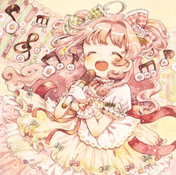 Rule 34 | 1girl, ahoge, beamed quavers, bow, chibi, choker, crying, curly hair, dress, earrings, egg, closed eyes, frilled bow, frilled dress, frills, hair bow, happy tears, jewelry, layered dress, long hair, microphone, mokarooru, music, musical note, open mouth, original, painting (medium), pink hair, plaid, plaid bow, quaver, ribbon, short sleeves, singing, solo, stuffed toy, tears, traditional media, treble clef, two side up, watercolor (medium), wrist cuffs