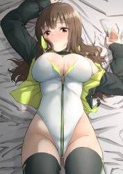 Rule 34 | 1girl, alice gear aegis, bed sheet, black jacket, black thighhighs, blush, breasts, brown eyes, brown hair, cleavage, gluteal fold, grey background, heattech leotard, highleg, highleg leotard, highres, jacket, large breasts, leotard, long hair, long sleeves, looking at viewer, lying, nose blush, on back, open clothes, open jacket, simple background, smile, solo, sweat, thighhighs, turtleneck, unpasu, usamoto anna, white leotard, zipper