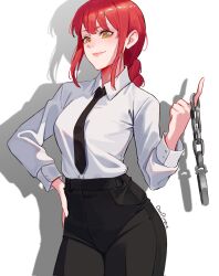 Rule 34 | 1girl, artist name, black necktie, black pants, braid, braided ponytail, chain, chainsaw man, collared shirt, commentary request, corrupted twitter file, cowboy shot, hand on own hip, highres, looking at viewer, makima (chainsaw man), necktie, pants, penguinwhodraw, red hair, ringed eyes, shadow, shirt, sidelocks, simple background, smile, solo, spanish commentary, white background, white shirt, yellow eyes