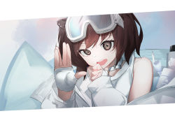 Rule 34 | 1girl, animal ears, ao oni (onioni-aoi), arknights, bare shoulders, blouse, brown eyes, brown hair, choker, fingerless gloves, gloves, hand up, highres, jacket, looking at viewer, open clothes, open jacket, open mouth, otter ears, roberta (arknights), shirt, sleeveless, solo, teeth, upper body, upper teeth only, white choker, white gloves, white jacket, white shirt