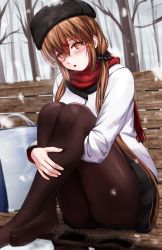 Rule 34 | 1girl, alternate costume, bag, black bow, black hat, black pantyhose, black skirt, blush, boots, bow, branch, brown eyes, brown hair, coat, fur hat, fur trim, hair between eyes, hair bow, hair ornament, hairclip, hat, highres, jacket, kantai collection, long hair, long sleeves, looking at viewer, low twintails, pantyhose, papakha, red scarf, sabakuomoto, scarf, shopping bag, sitting, skirt, snowing, solo, tashkent (kancolle), tree, twintails, unworn boots, white jacket, winter, winter clothes, winter coat