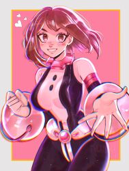 Rule 34 | 1girl, artist name, blush, bodysuit, boku no hero academia, border, breasts, brown eyes, brown hair, double-parted bangs, grey border, heart, highres, large breasts, looking at viewer, multicolored bodysuit, multicolored clothes, pink background, ruinique, short hair, smile, solo, teeth, uraraka ochako, white bodysuit, yellow border