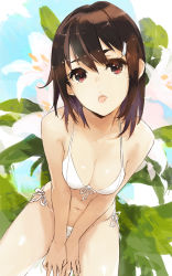Rule 34 | 1girl, :p, bare arms, bare shoulders, between legs, bikini, blush, bobhit, breasts, brown hair, cleavage, closed mouth, collarbone, eyelashes, floral background, from above, front-tie bikini top, front-tie top, hair ornament, hairclip, hand between legs, head tilt, looking at viewer, looking up, medium breasts, red eyes, ribbon, short hair, side-tie bikini bottom, sitting, solo, sweatdrop, swimsuit, tongue, tongue out, v arms, white ribbon