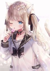 Rule 34 | 1girl, absurdres, animal ear fluff, animal ears, backlighting, bad id, bad pixiv id, black bow, black choker, black ribbon, black sailor collar, blue eyes, blush, bow, brown background, brown hair, candy, cat ears, cat girl, cat tail, choker, collarbone, commentary request, dress, fingernails, food, gradient background, hair ribbon, hand up, heart, highres, holding, holding candy, holding food, holding lollipop, lollipop, long fingernails, long hair, long sleeves, looking at viewer, nail polish, one eye closed, original, pink nails, ribbon, romaji text, rucaco, sailor collar, sailor dress, solo, tail, tail raised, tongue, tongue out, twintails, upper body, very long hair, white background, white dress