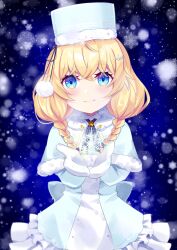 Rule 34 | 1girl, back bow, blonde hair, blue eyes, blush, bow, braid, brooch, collared shirt, dress, frilled dress, frills, fur-trimmed headwear, fur collar, fur hat, fur trim, hair ornament, hat, highres, jewelry, long hair, looking at viewer, mittens, moso4hc, neck ribbon, original, papakha, pom pom (clothes), ribbon, shirt, smile, snowflakes, snowing, solo, straight-on, twin braids