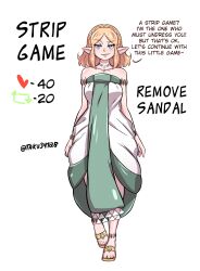 Rule 34 | 1girl, anklet, artist name, bare shoulders, blonde hair, blush, bracelet, braid, collarbone, crown braid, dress, english text, female focus, full body, green eyes, heart, highres, jewelry, light dragon (zelda), looking at viewer, necklace, nintendo, pointy ears, princess zelda, sandals, short hair, sidelocks, simple background, smile, solo, standing, strapless, strapless dress, taku34128, the legend of zelda, the legend of zelda: tears of the kingdom, toes, twitter strip game (meme), twitter username, white background