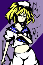 Rule 34 | 1girl, bad id, bad pixiv id, blonde hair, blue sailor collar, character name, dress, hat, kitashirakawa chiyuri, navel, sailor collar, sailor dress, sailor hat, shizuri, touhou, touhou (pc-98), twintails, yellow eyes