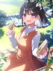Rule 34 | 1girl, :d, blush, commentary request, dress, food, hair ornament, hairclip, highres, holding, holding food, long sleeves, looking at viewer, official art, open mouth, orange dress, original, picnic basket, purple eyes, sandwich, shirt, sitting, smile, solo, white shirt, yushima