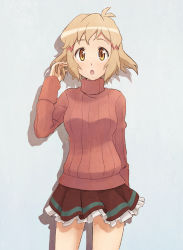 Rule 34 | 10s, 1girl, :o, frilled skirt, frills, grey background, hair ornament, hairclip, hand in own hair, highres, light brown hair, looking at viewer, miniskirt, official style, ribbed sweater, senki zesshou symphogear, shadow, short hair, simple background, skirt, solo, sweater, tachibana hibiki (symphogear), turtleneck, unyon, yellow eyes