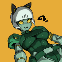 Rule 34 | 1girl, ?, android, breasts, female focus, hong doo, robo-fortune, robot, robot girl, simple background, skullgirls, solo, tagme, underboob, yellow background, yellow eyes