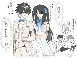 Rule 34 | !?, 1girl, 2boys, black hair, blue bow, blue bowtie, blue eyes, blue ribbon, bow, bowtie, breast padding, charlemagne (fate), closed mouth, crossdressing, dress, elbow gloves, fate/grand order, fate (series), formal, fujimaru ritsuka (female), fujimaru ritsuka (male), gloves, grin, hair over one eye, hair ribbon, highres, holding another&#039;s arm, long hair, long sleeves, looking at viewer, medium hair, multicolored hair, multiple boys, one side up, pants, pushing, ribbed shirt, ribbon, shirt, short hair, simple background, sleeveless, sleeveless dress, smile, streaked hair, suit, translation request, two-tone hair, two side up, white background, white dress, white hair, white pants, white shirt, white suit, yukihara sbgd