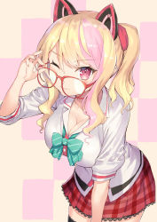 Rule 34 | .live, 1girl, ;), adjusting eyewear, animal ears, arm up, black thighhighs, blonde hair, bow, bowtie, breasts, cat ears, character request, checkered background, cleavage, closed mouth, collared shirt, commentary request, fang, fang out, fingernails, glasses, green bow, green bowtie, hair between eyes, highres, jonsun, lace, lace-trimmed legwear, lace-trimmed skirt, lace trim, large breasts, long hair, looking at viewer, one eye closed, plaid, plaid skirt, pleated skirt, red-framed eyewear, red eyes, red skirt, shirt, short sleeves, side ponytail, sidelocks, skirt, smile, solo, thighhighs, virtual youtuber, white shirt