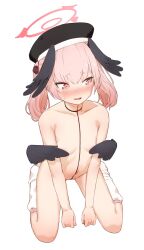 Rule 34 | 1girl, armpit crease, beret, black feathers, black hat, blue archive, blush, breasts, collarbone, covering breasts, covering privates, embarrassed, feathered wings, feathers, flower, from above, hair flower, hair ornament, halo, hat, head wings, highres, koharu (blue archive), koromo take, loose socks, medium hair, navel, nude, pink eyes, pink hair, sidelocks, sitting, small breasts, socks, solo, stomach, sweatdrop, twintails, wariza, white socks, wing censor, wings