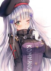 Rule 34 | 1girl, ;(, bad id, bad twitter id, beret, black hat, black sleeves, blunt bangs, blush, breasts, closed mouth, clothes writing, cross hair ornament, eyelashes, facial mark, girls&#039; frontline, gloves, goggles, goggles around neck, greyscale, hair ornament, hat, high collar, highres, hk416 (girls&#039; frontline), jacket, long hair, long sleeves, looking at viewer, medium breasts, monochrome, purple jacket, sidelocks, silver hair, simple background, solo, ttosom, upper body, very long hair, white background, white gloves