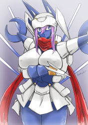 Rule 34 | 1girl, absurdres, armor, artist name, blue eyes, breasts, commentary request, covered erect nipples, covered mouth, cowboy shot, crossed arms, dianamon, digimon, digimon (creature), domidori, gauntlets, gloves, grey background, hair between eyes, helmet, highres, humanization, large breasts, long hair, looking at viewer, mask, mouth mask, partial commentary, purple legwear, red scarf, scarf, shoulder armor, sidelocks, simple background, skirt, solo, standing, white armor, white gloves, white headwear