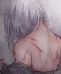 Rule 34 | 10s, 1boy, back, back focus, bad id, bad pixiv id, bruise, cuts, from behind, honebami toushirou, injury, konisa, light purple hair, male focus, nape, off shoulder, simple background, solo, touken ranbu, undressing, upper body
