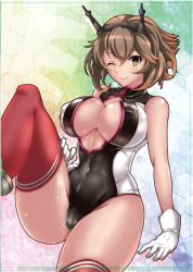 Rule 34 | 10s, 1girl, alternate costume, bad id, bad twitter id, breasts, brown hair, cleavage, competition swimsuit, front zipper swimsuit, gloves, hand on thigh, headgear, kantai collection, kuga zankurou, large breasts, looking at viewer, meme attire, mutsu (kancolle), one-piece swimsuit, one eye closed, rainbow background, red legwear, short hair, skindentation, smile, solo, striped clothes, striped legwear, striped thighhighs, swimsuit, thighhighs, underboob, white gloves, wide hips, yellow eyes