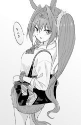 Rule 34 | 1girl, animal ears, bag, bow, bowtie, breasts, collared shirt, daiwa scarlet (umamusume), fang, greyscale, hair intakes, horse ears, horse girl, horse tail, long hair, long sleeves, looking at viewer, looking to the side, medium breasts, monochrome, open mouth, school bag, scrunchie, shibasaki shouji, shirt, shoulder bag, skin fang, skirt, slit pupils, solo, speech bubble, standing, tail, tiara, translation request, twintails, umamusume, wrist scrunchie
