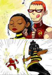 Rule 34 | 1boy, 1girl, angry, arrow (projectile), bow (weapon), breasts, brush, bumble bee, cartoon network, comb, dark skin, dc comics, domino mask, karen beecher, lips, mask, roy harper, shirt, speedy, striped clothes, striped shirt, teen titans, tongue, weapon