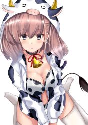 Rule 34 | 1girl, alternate costume, anchor hair ornament, animal hood, animal print, atlanta (kancolle), bell, bikini, blush, breasts, choker, cleavage, cow print, cow tail, cowbell, earrings, fake horns, grey eyes, hair between eyes, hair ornament, highres, himura moritaka, hood, hood up, horns, jacket, jewelry, kantai collection, large breasts, long hair, long sleeves, looking at viewer, neck bell, parted lips, red ribbon, ribbon, simple background, single earring, sitting, solo, sparkle, star (symbol), star earrings, swimsuit, tail, thighhighs, two side up, white background, white thighhighs
