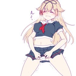Rule 34 | 1girl, black ribbon, black shirt, black skirt, blonde hair, blush, breasts, breath, closed eyes, clothes lift, covered erect nipples, cowboy shot, crop top, female focus, hair ornament, hair ribbon, hairclip, have to pee, japanese text, kantai collection, legs apart, lifted by self, long hair, medium breasts, midriff, miniskirt, navel, neckerchief, panties, pleated skirt, red neckerchief, ribbon, school uniform, serafuku, shirt, short sleeves, simple background, skirt, skirt lift, solo, standing, sweat, translation request, trembling, underwear, upskirt, wavy mouth, white background, white panties, xrea5342, yuudachi (kancolle)